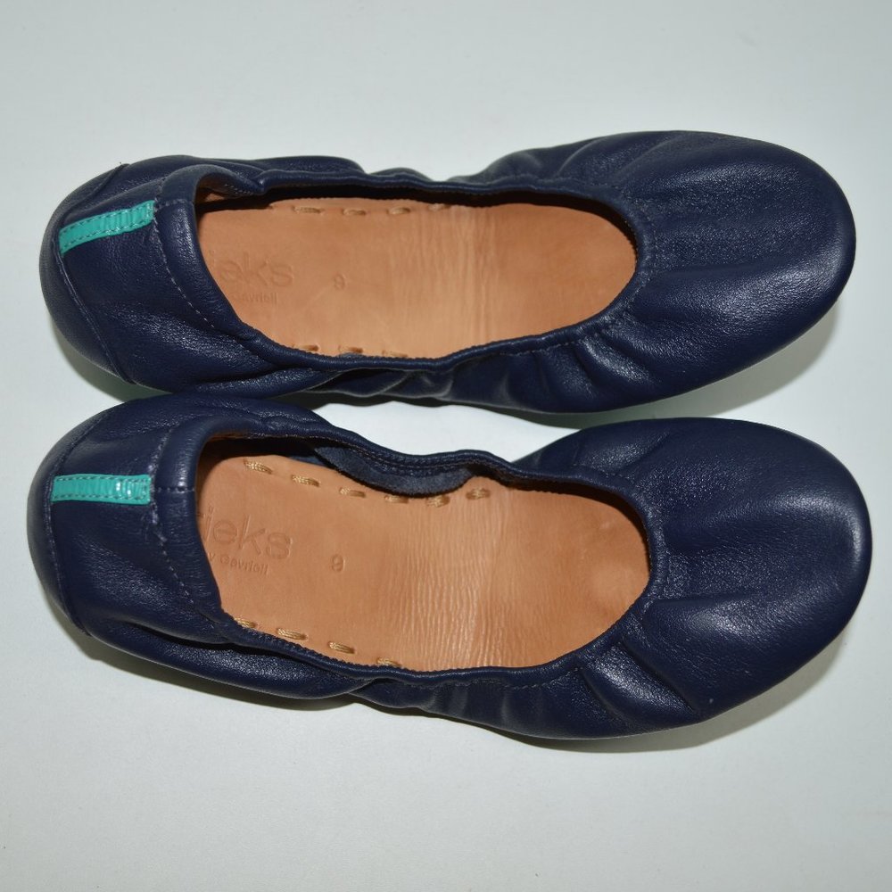 Tieks Navy Leather Ballet Flats with Teal Heel Tab